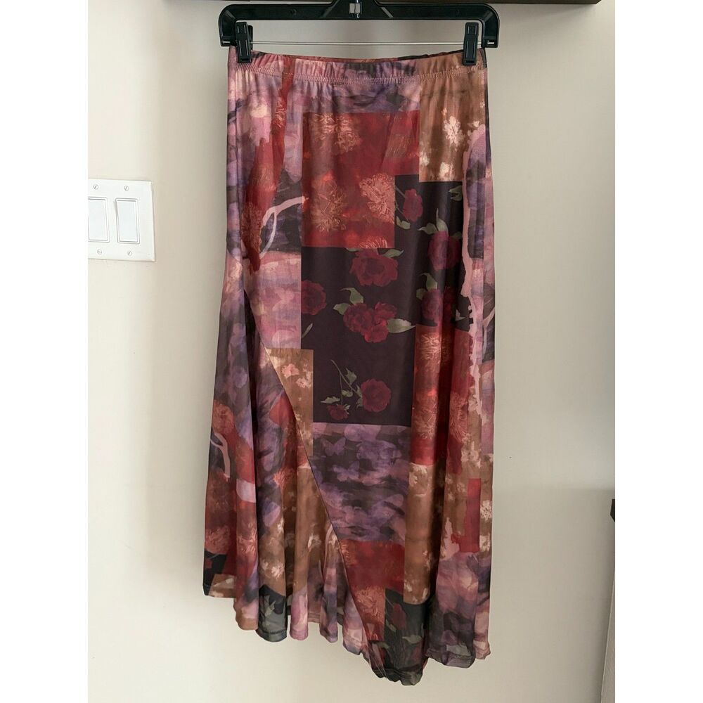 Cider - Mesh Mid-Rise Abstract Floral Asymmetrical Maxi Skirt - Brand New!